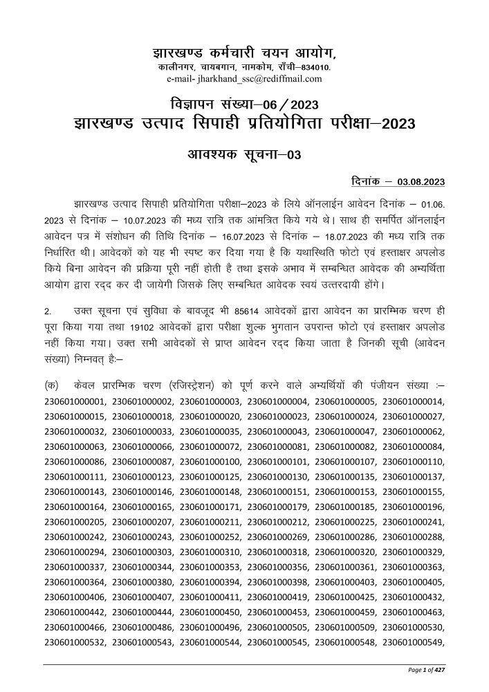 Jharkhand Utpad Sipahi Reject List