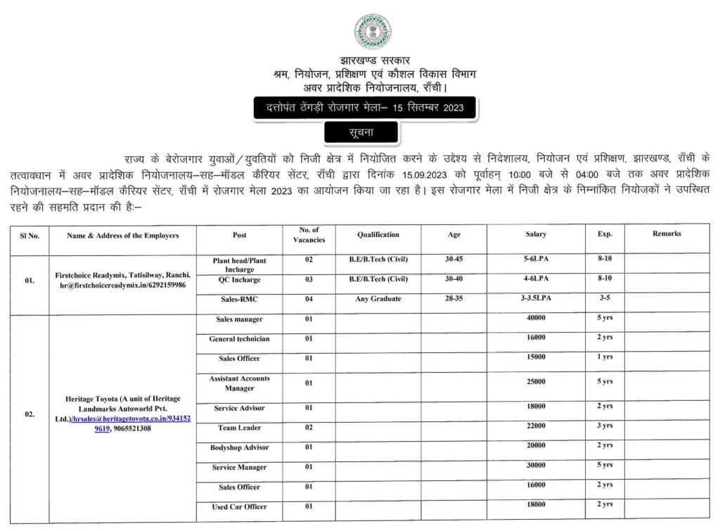 Ranchi Rojgar Bharti Camp 2023 PDF Notice